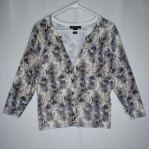 WHBM Cardigan Womens Medium Blue Metallic Snakeskin Stretch Knit 3/4 Gold Snap